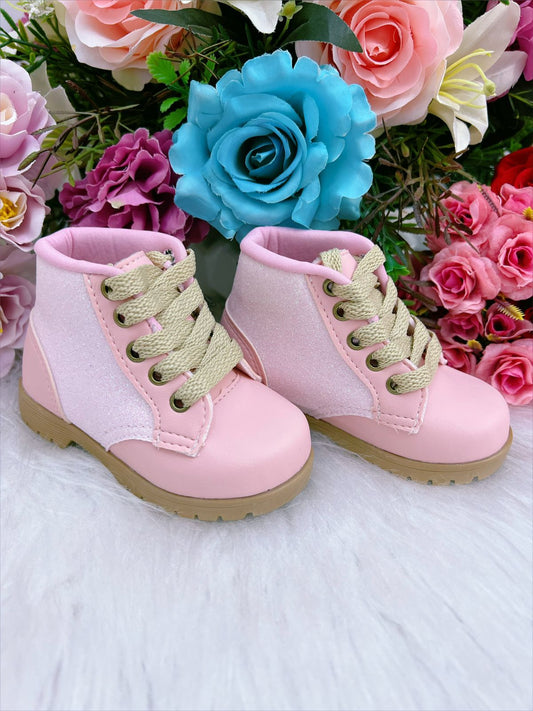 Botas rosas para niños con purpurina y cordones 