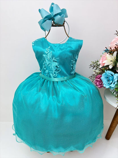 Vestido infantil verde con busto de encaje y cinturón de pedrería de lujo