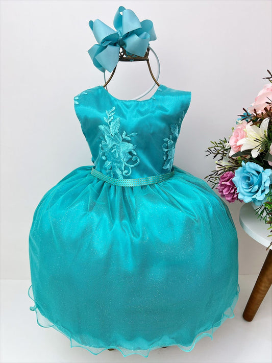 Vestido infantil verde con busto de encaje y cinturón de pedrería de lujo