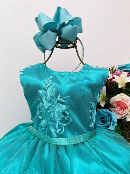 Vestido infantil verde con busto de encaje y cinturón de pedrería de lujo
