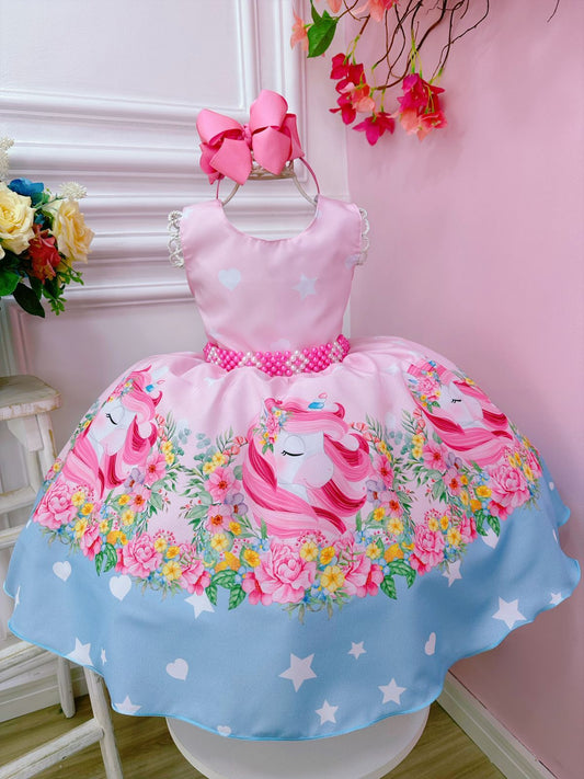 Vestido infantil de unicornio rosa para fiestas de cumpleaños de lujo 