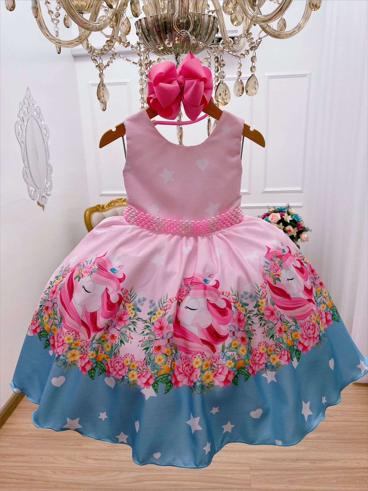Vestido infantil de unicornio rosa para fiestas de cumpleaños de lujo 