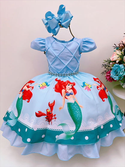 Vestido de princesa sirena con perlas de diamantes de imitación azules de Ariel