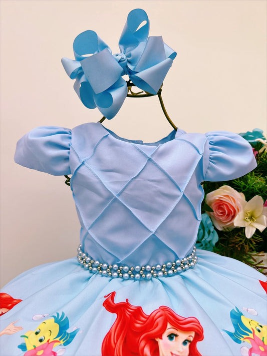 Vestido de princesa sirena con perlas de diamantes de imitación azules de Ariel