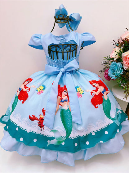 Vestido de princesa sirena con perlas de diamantes de imitación azules de Ariel