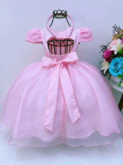 Vestido infantil de encaje rosa con cinturón de perlas y tiara