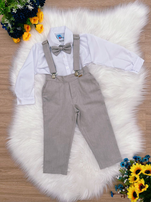 Conjunto Formal Pantalón Camisa Corbata Tirantes Gris Claro 