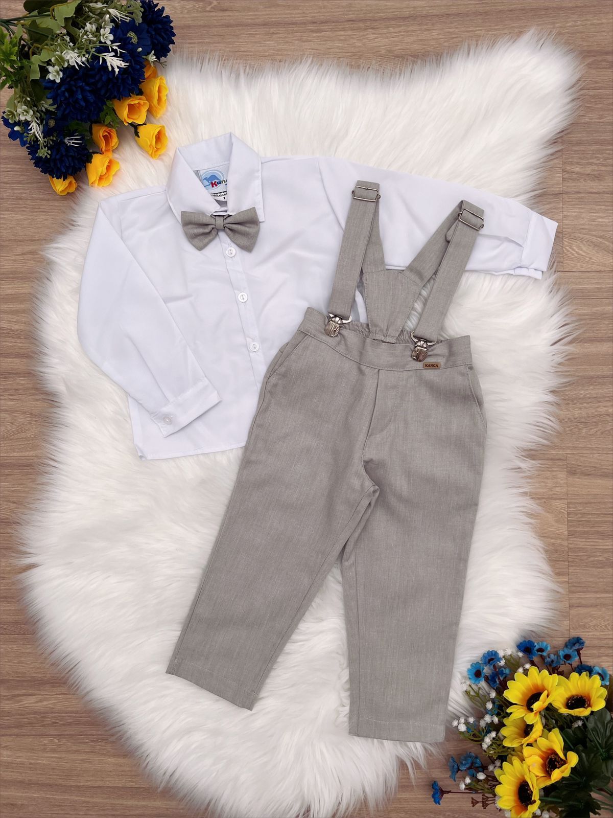 Conjunto Formal Pantalón Camisa Corbata Tirantes Gris Claro 