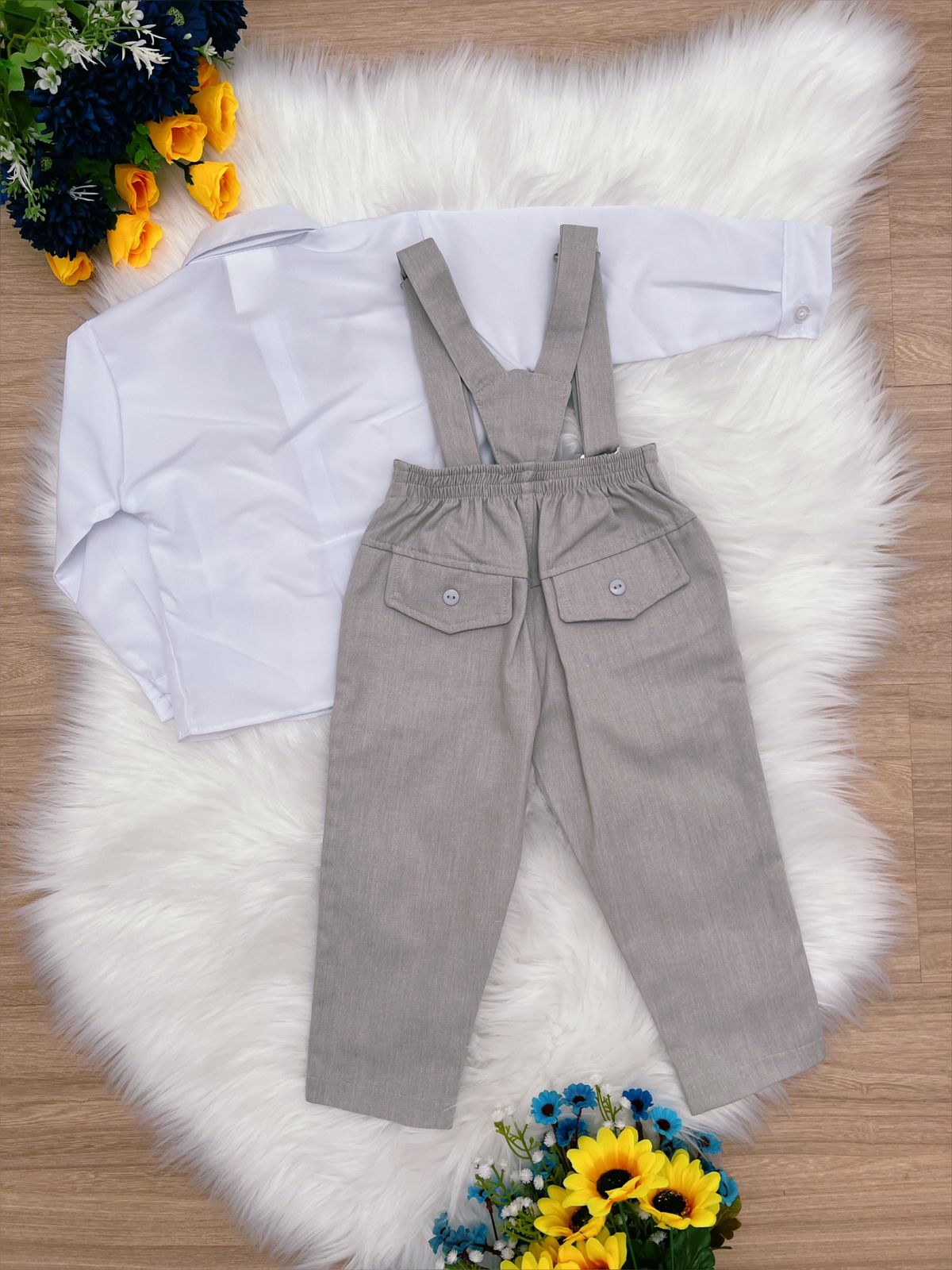Conjunto Formal Pantalón Camisa Corbata Tirantes Gris Claro 