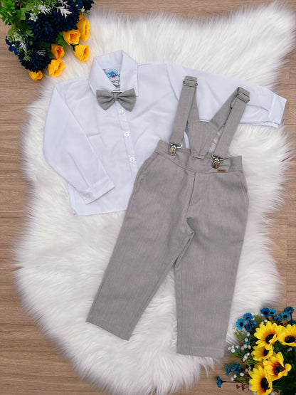 Conjunto Formal Pantalón Camisa Corbata Tirantes Gris Claro 