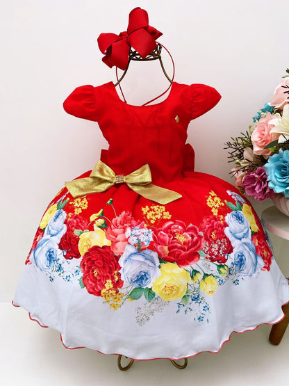 Vestido infantil con flores rojas y lazo dorado para fiestas de lujo