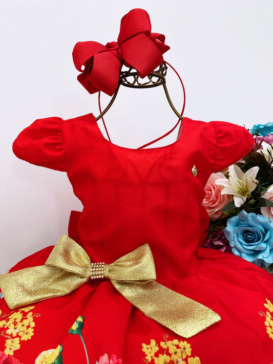 Vestido infantil con flores rojas y lazo dorado para fiestas de lujo