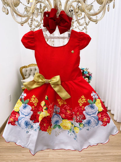 Vestido infantil con flores rojas y lazo dorado para fiestas de lujo