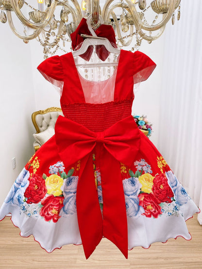 Vestido infantil con flores rojas y lazo dorado para fiestas de lujo