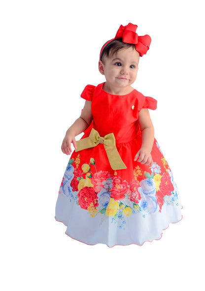 Vestido infantil con flores rojas y lazo dorado para fiestas de lujo