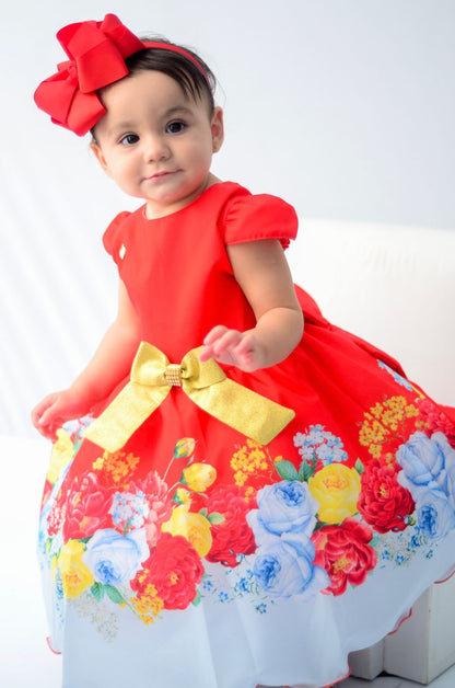 Vestido infantil con flores rojas y lazo dorado para fiestas de lujo