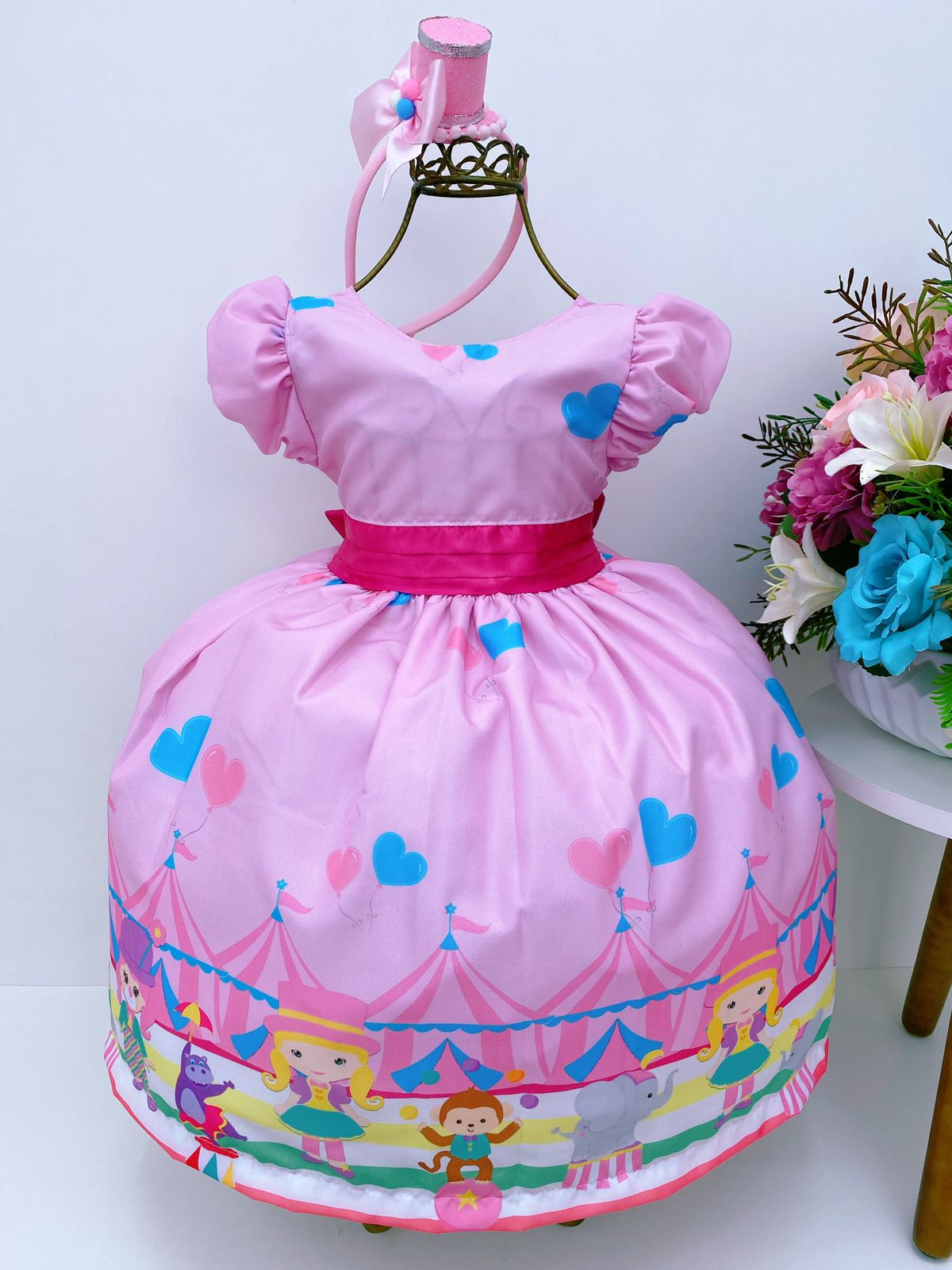 Vestido infantil de lujo con lazo de corazones de circo rosa