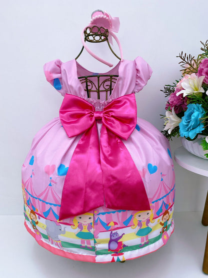 Vestido infantil de lujo con lazo de corazones de circo rosa