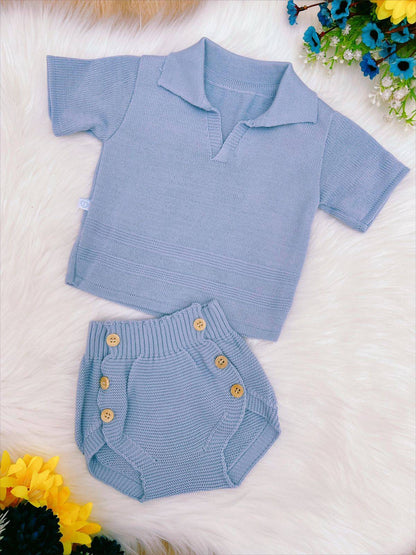 Conjunto de camisa y cubrepañal para bebé, tejido de punto azul para niño