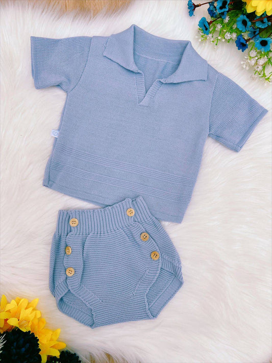 Conjunto de camisa y cubrepañal para bebé, tejido de punto azul para niño