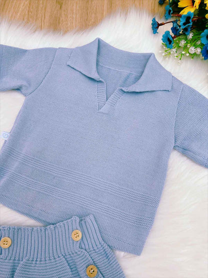 Conjunto de camisa y cubrepañal para bebé, tejido de punto azul para niño