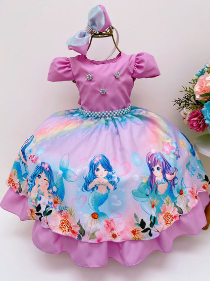 Vestido infantil de sirena lila con cinturón de perlas y tiara