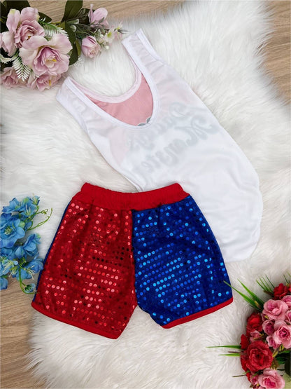 Disfraz de Harley Quinn con purpurina para niña (mono y pantalones cortos)