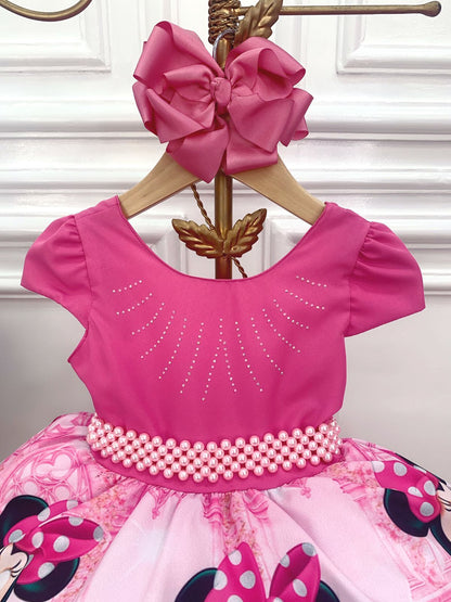 Vestido infantil de Minnie Mouse con flores rosas y diamantes de imitación y cinturón de perlas