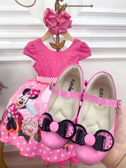 Vestido infantil de Minnie Mouse con flores rosas y diamantes de imitación y cinturón de perlas