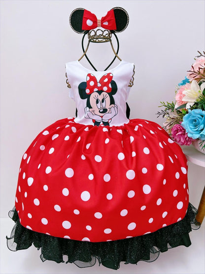 Vestido infantil de Minnie Mouse rojo con lunares blancos y tiara