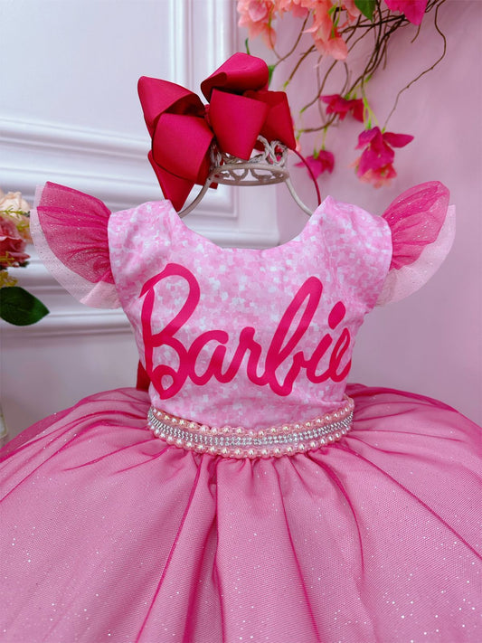 Lujoso vestido brillante con volantes rosas de Barbie