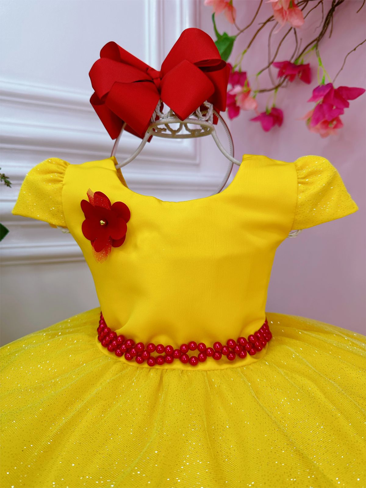 Vestido infantil de La Bella y la Bestia con falda brillante y aplique de flores