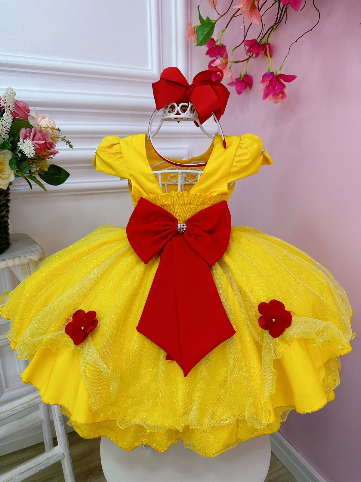 Vestido infantil de La Bella y la Bestia con falda brillante y aplique de flores