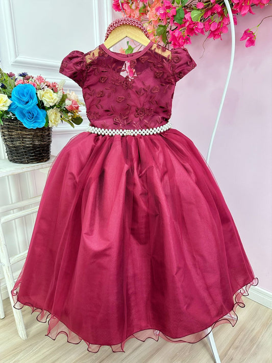 Vestido de dama de honor infantil con bordado Marsala y perlas.