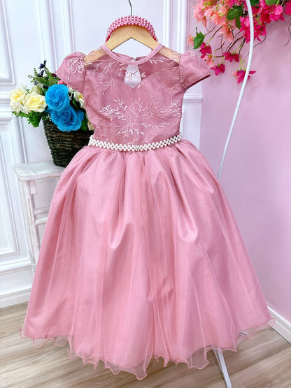 Vestido de dama de honor infantil, vestido de novia rosa con encaje de perlas