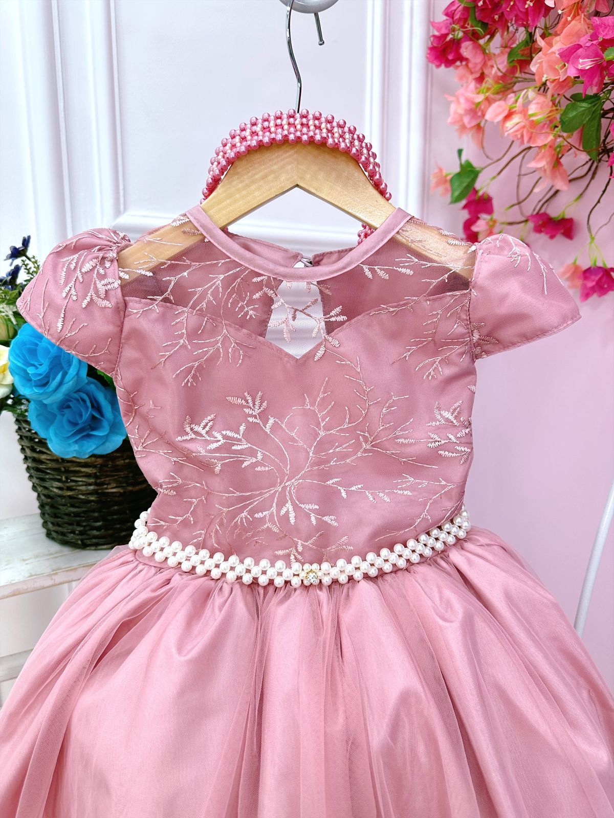 Vestido de dama de honor infantil, vestido de novia rosa con encaje de perlas