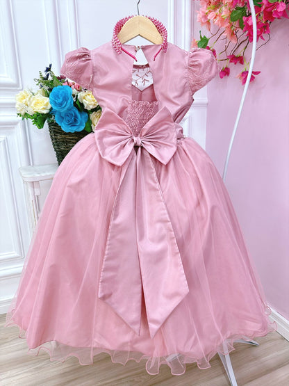 Vestido de dama de honor infantil, vestido de novia rosa con encaje de perlas