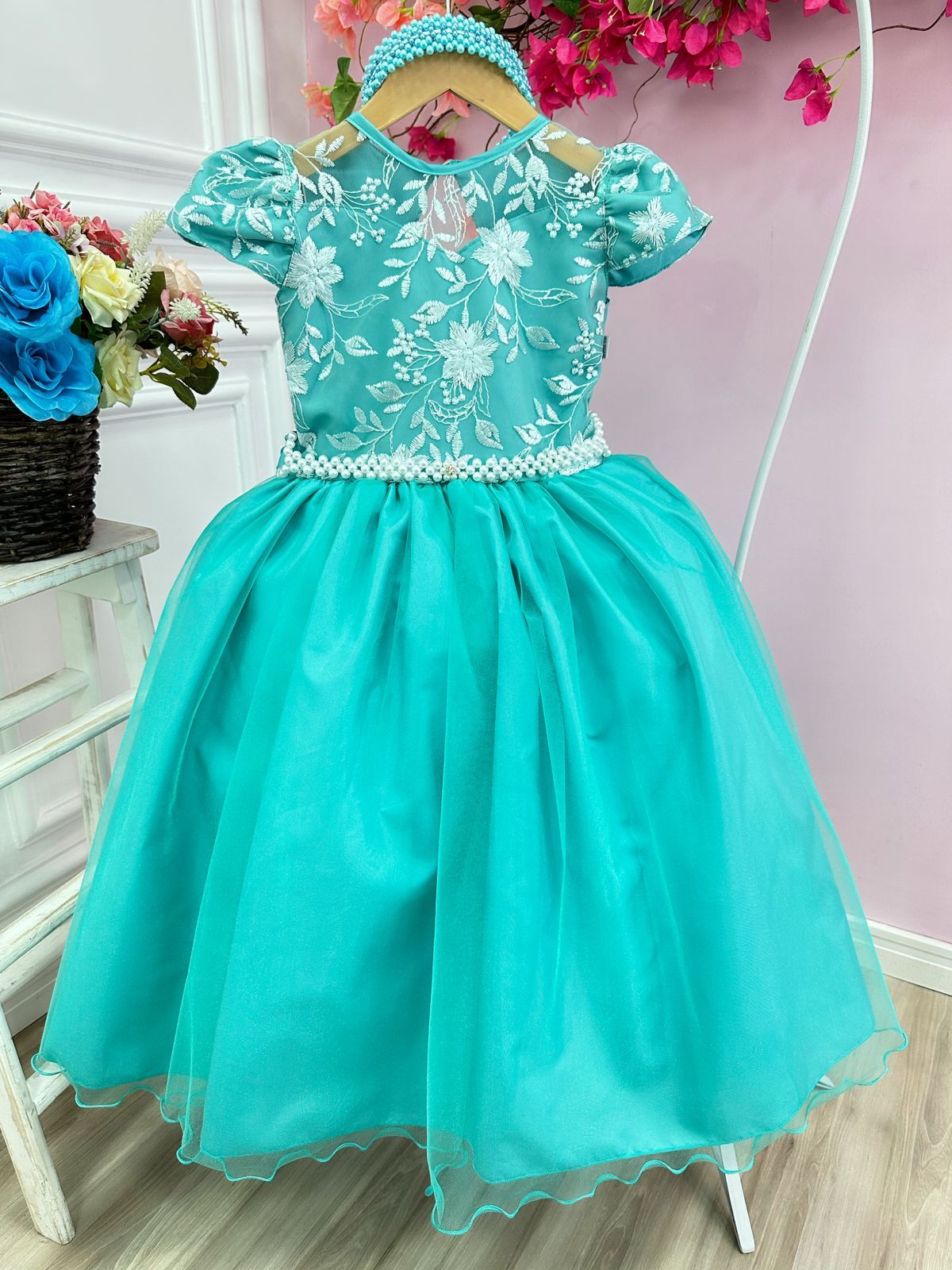 Vestido de novia verde para niña con encaje de perla para dama de honor