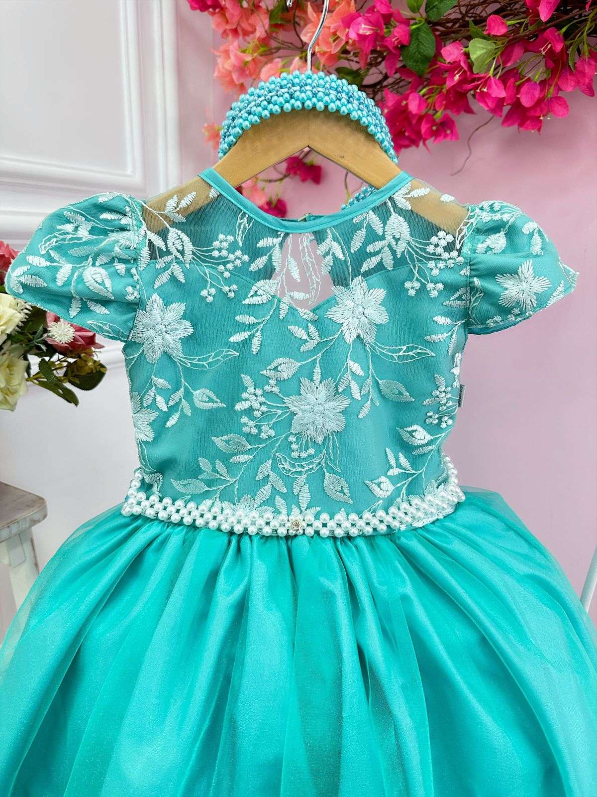 Vestido de novia verde para niña con encaje de perla para dama de honor
