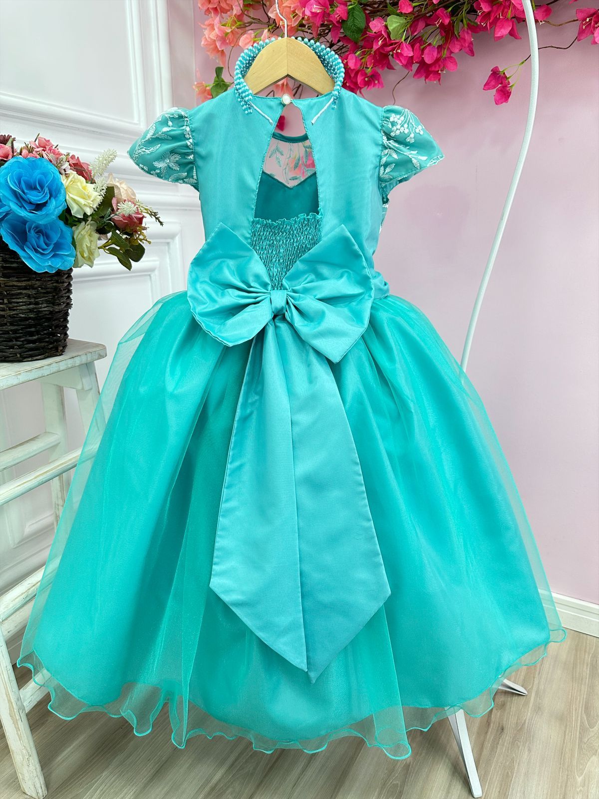 Vestido de novia verde para niña con encaje de perla para dama de honor