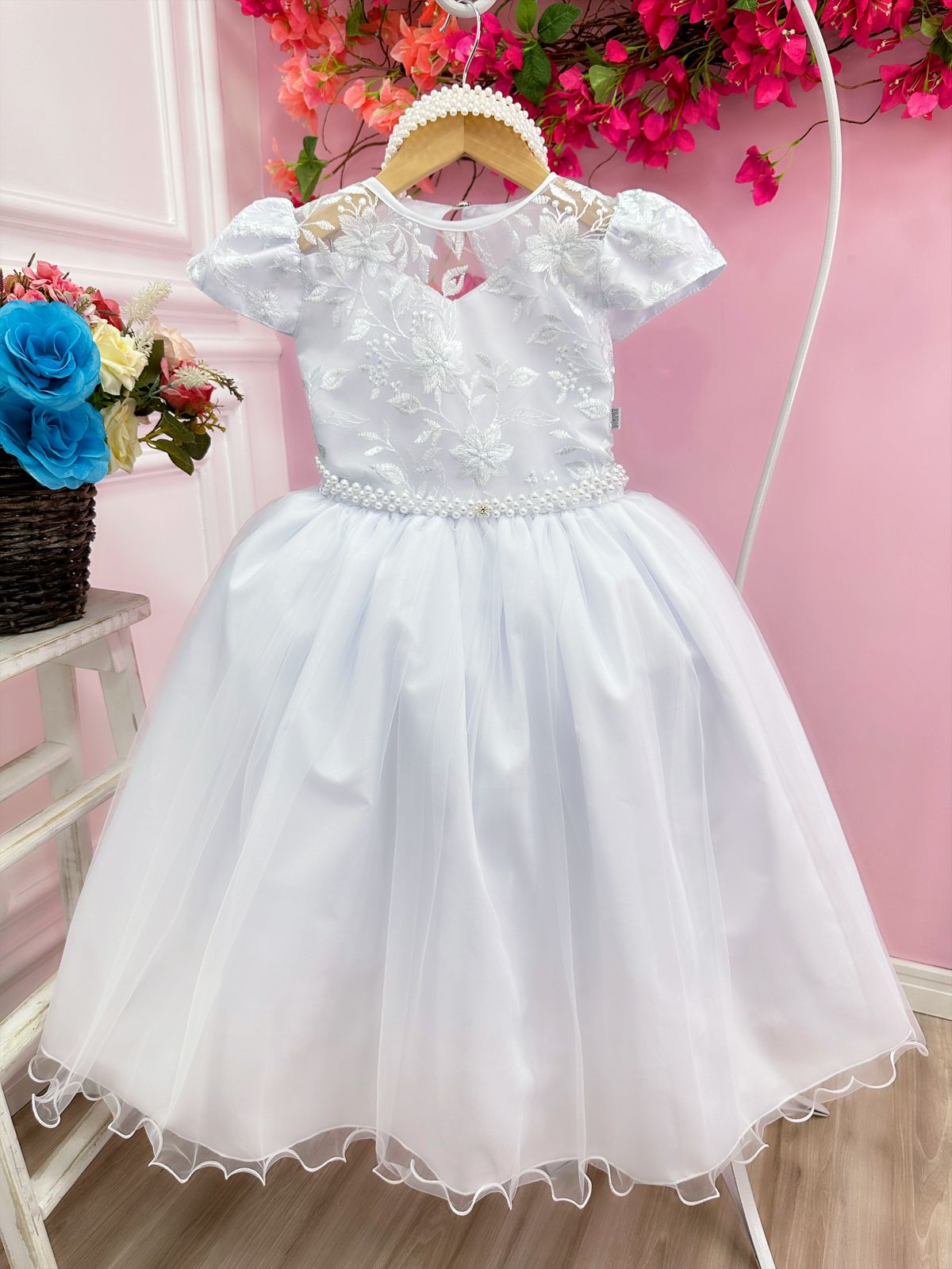 Vestido de dama de honor infantil con encaje de perla blanca para boda