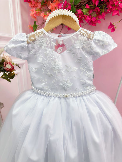 Vestido de dama de honor infantil con encaje de perla blanca para boda