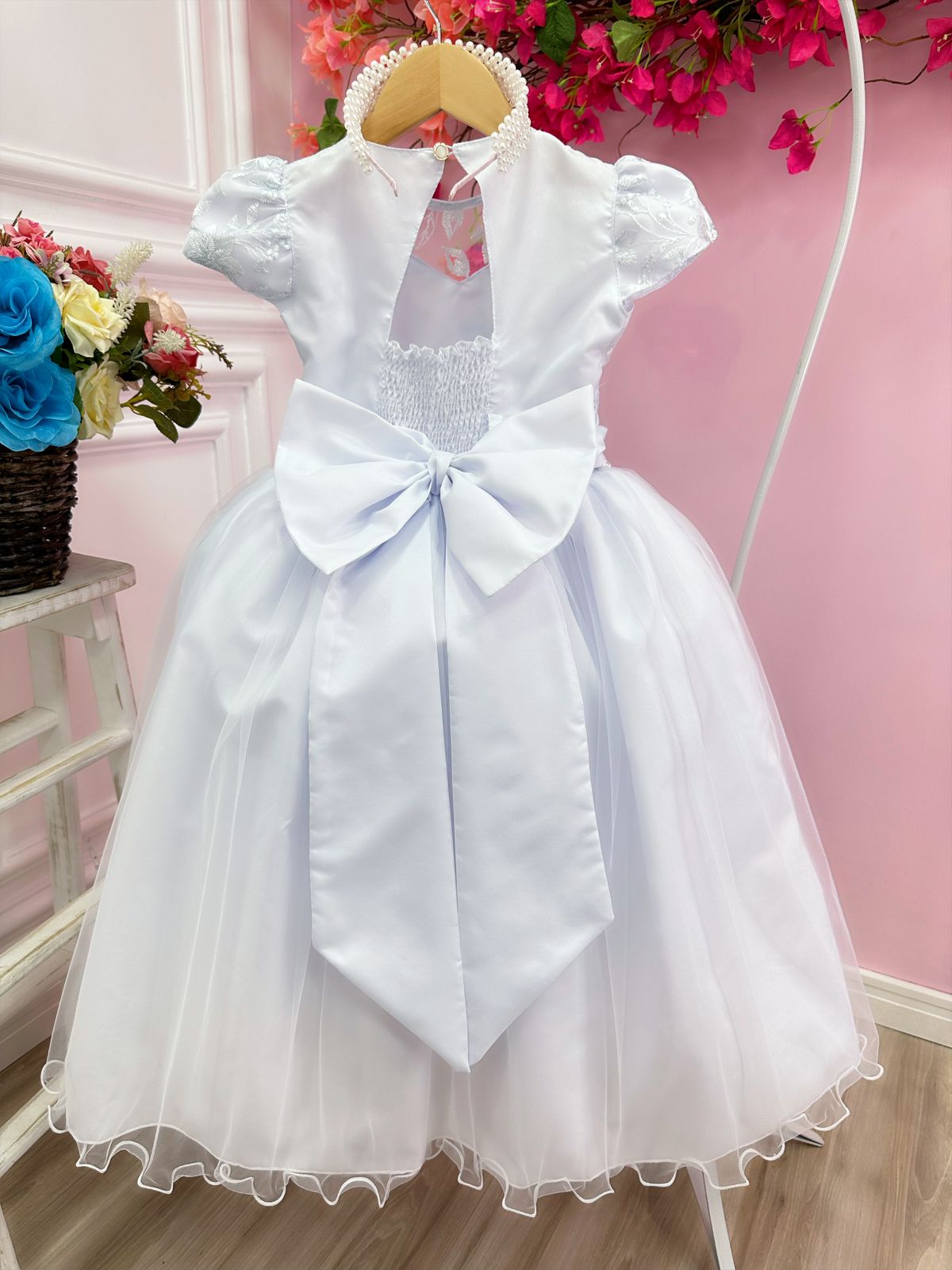Vestido de dama de honor infantil con encaje de perla blanca para boda