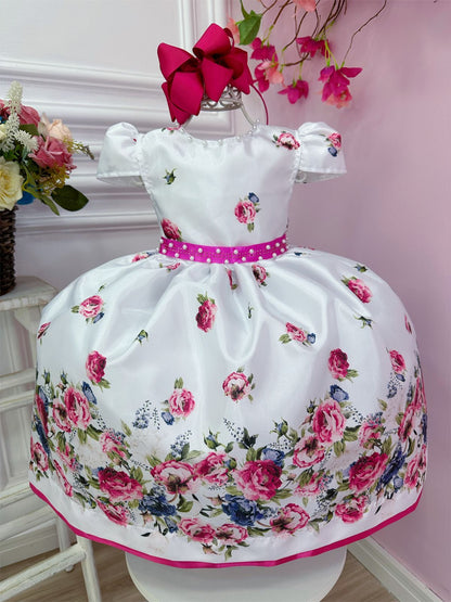 Vestido infantil blanco con flores rosas y cinturón de perlas y diamantes de imitación