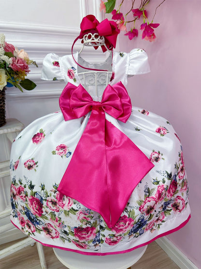 Vestido infantil blanco con flores rosas y cinturón de perlas y diamantes de imitación