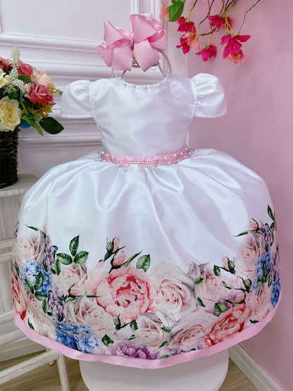 Vestido infantil con flores blancas, rosas y cinturón de perlas y diamantes de imitación