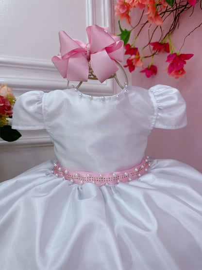 Vestido infantil con flores blancas, rosas y cinturón de perlas y diamantes de imitación