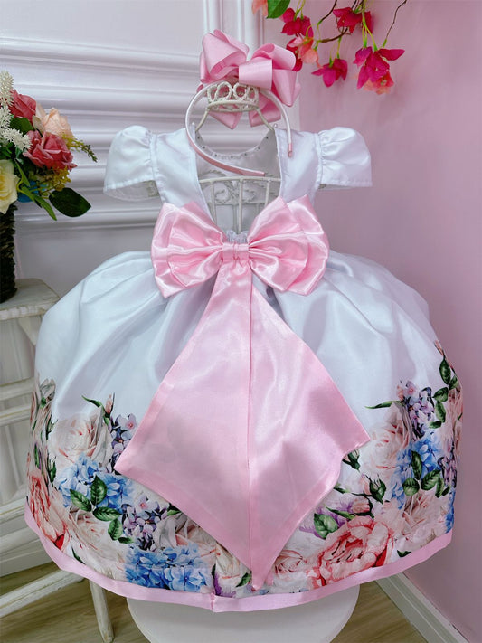 Vestido infantil con flores blancas, rosas y cinturón de perlas y diamantes de imitación