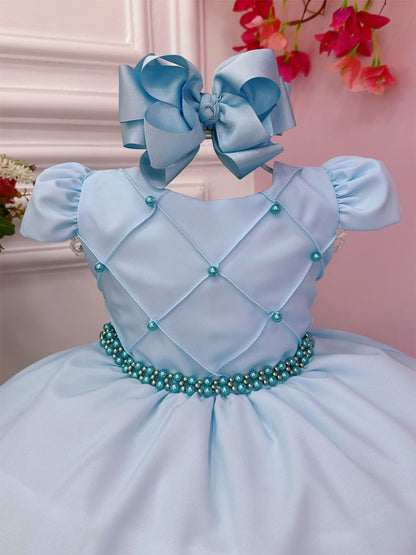 Vestido infantil azul bebé con pecho acanalado y cinturón de perlas