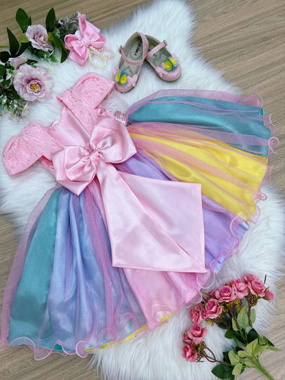 Vestido de fiesta arcoíris con diseño de unicornio y lluvia de amor para niños